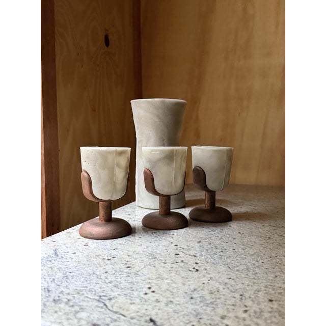 Copper Vintage Brutalist Barware Set with Hand-Molded Capa Carafe and Vessels with Copper Bases, Set of 4 For Sale - Image 8 of 12