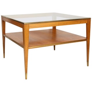 Italian Two-Tiered Cocktail Table With Bronze Trim on Tapered Legs For Sale