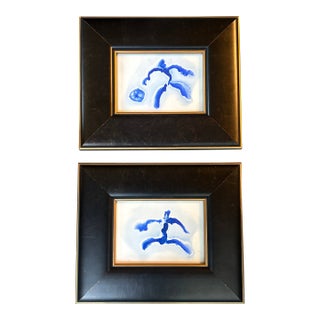 Two Contemporary Original Abstract Dancing Figure Blue Ink Watercolor Paintings - Set of Two For Sale