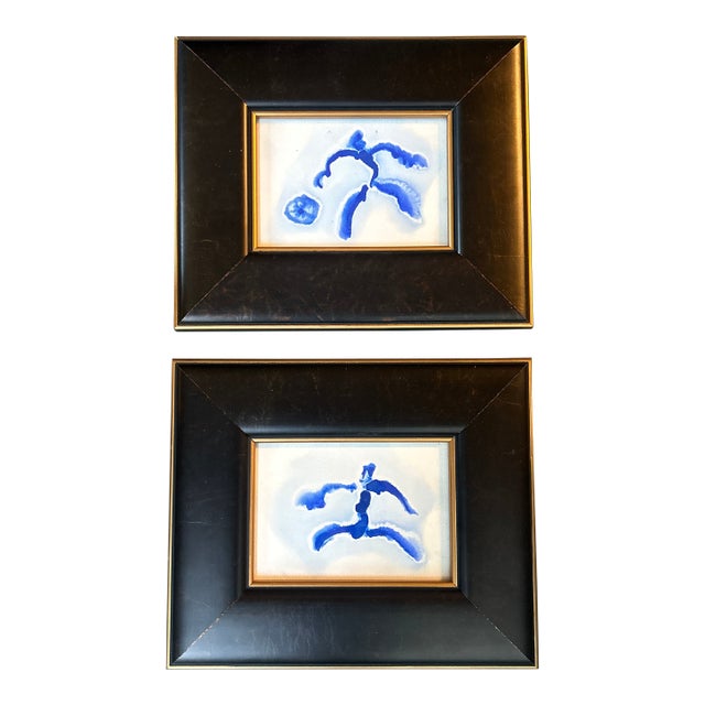 Two Contemporary Original Abstract Dancing Figure Blue Ink Watercolor Paintings - Set of Two For Sale