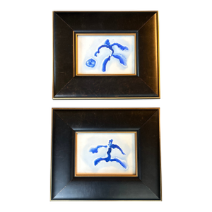 Two Contemporary Original Abstract Dancing Figure Blue Ink Watercolor Paintings - Set of Two