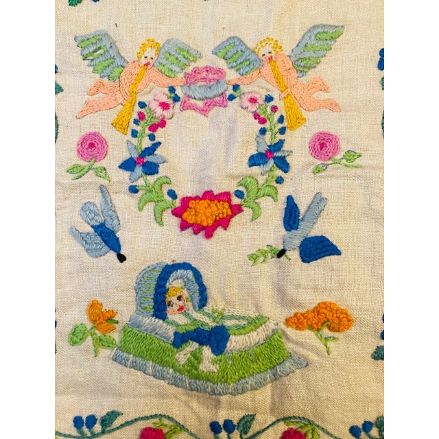 Heirloom needlework Guild in Belgian linen by Erica Wilson Child memories in needlepoint with baby in basket, blue birds...