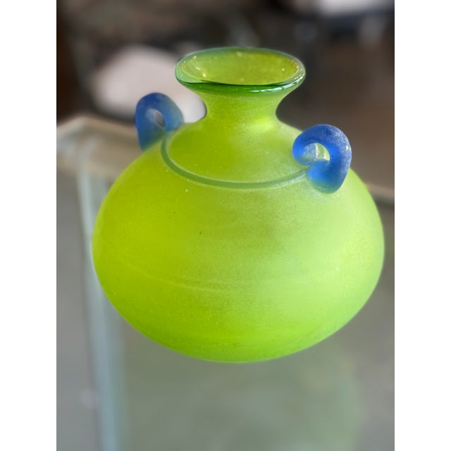 Signed Franco Moretti Scavo Glass Vase by Murano Acid-Green with vibrant blue detailing Vintage