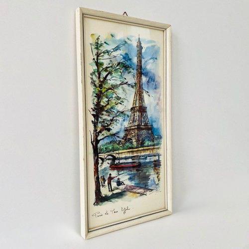 Rare mid-century lithograph of the Eiffel Tower in Paris painted by Arno in the 1960s. It is a framed print behind glass...