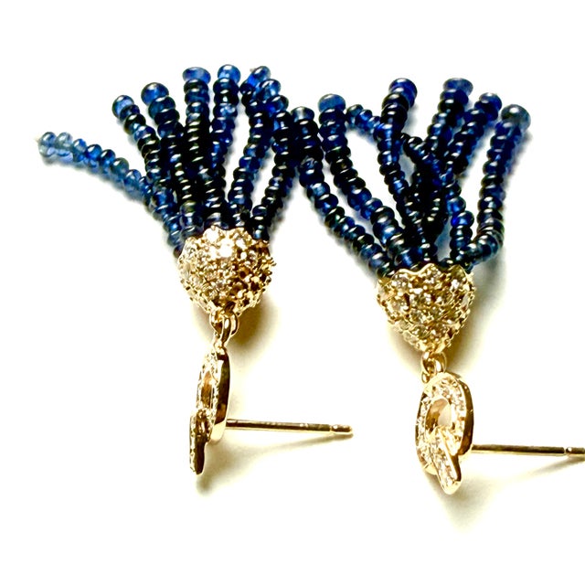 Metal 14k Yellow Gold Natural Ceylon Sapphire & Diamond Pavé Tassel Earrings 32 Ct, Pair For Sale - Image 7 of 10