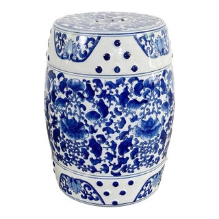 Vintage Blue and White Ceramic Lotus Motif Garden Stool For Sale