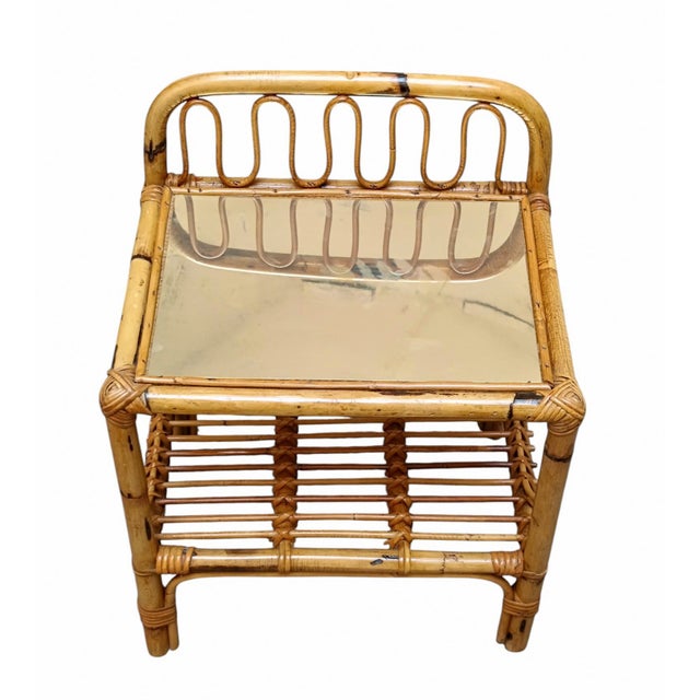1960s Rattan and Bamboo Bedside Table with a Brass Shelf, Italy, 1960s For Sale - Image 5 of 7