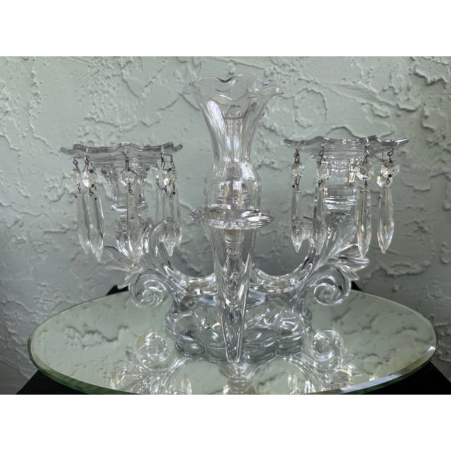 Vintage Cambridge Glass Crystal Epergne Candelabra With Hanging Prisms and Oval Mirror Display Base For Sale - Image 12 of 12