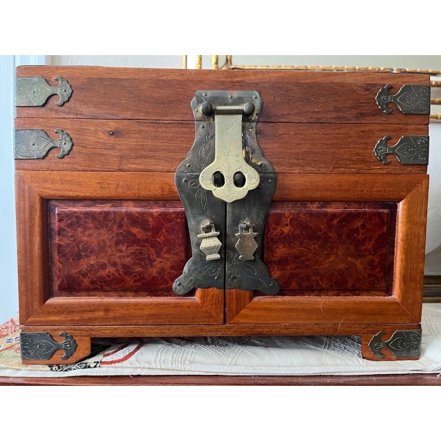 Asian Antique Late 20th Century Chinese Burl Wood Jewelry Chest Ornate Brass Hardware Green Silk Lining 9x14x10 For Sale - Image 3 of 11