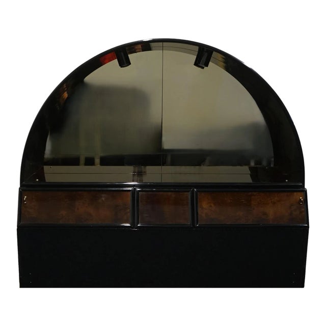 Henredon Furniture Scene III Collection Asian Inspired Contemporary Style King Size Black Lacquered Storage Headboard W. Illuminated Arched Mirror Top For Sale