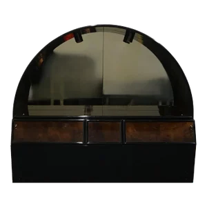 Henredon Furniture Scene III Collection Asian Inspired Contemporary Style King Size Black Lacquered Storage Headboard W. Illuminated Arched Mirror Top