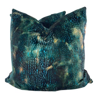 Printed Velvet in Teal/Aqua 22" Pillows-A Pair For Sale