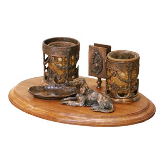 Early 20th Century French Spelter and Walnut Desk Garniture Set For Sale
