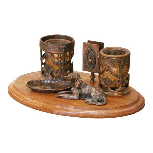 Early 20th Century French Spelter and Walnut Desk Garniture Set For Sale