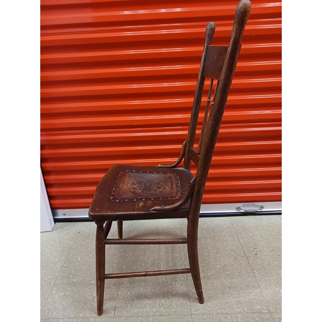 Wood Antique American Pressed Back Oak Dining Chair With Embossed Leather Seat For Sale - Image 7 of 14