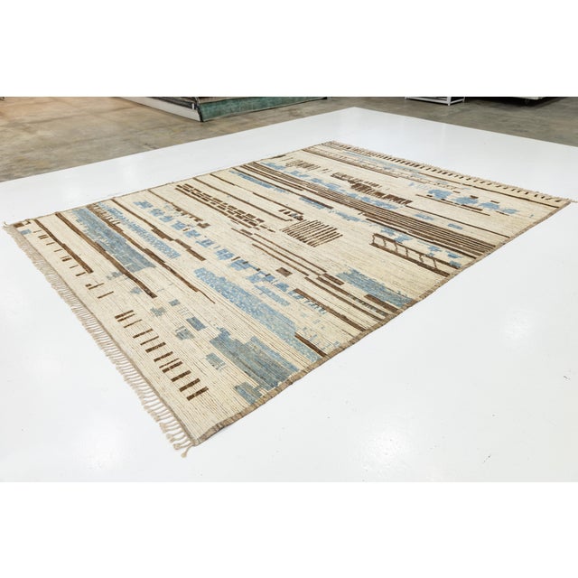 Moroccan Contemporary Moroccan Style Wool Rug Abstract Cream Field With Blue Accents For Sale - Image 3 of 11