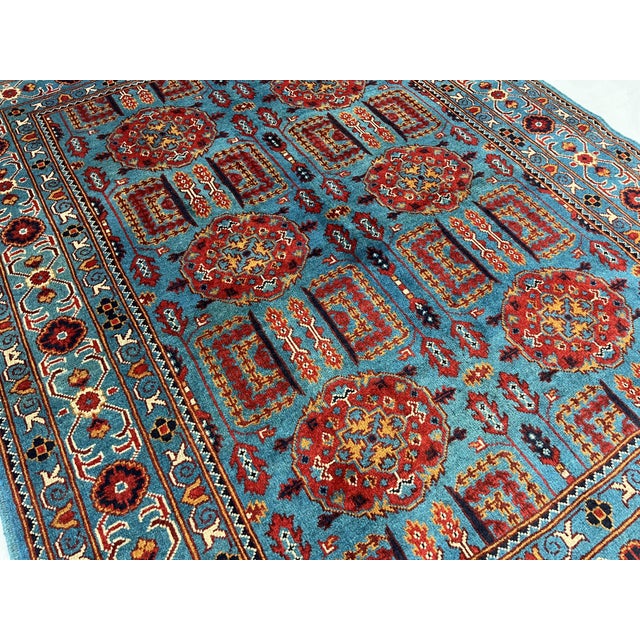 Textile Turquoise Blue and Red Wool Area Rug, Tribal Geometric Medallion Design For Sale - Image 7 of 14