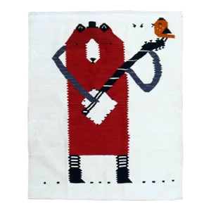 Vintage Bear Banjo Bird Tweeting Pictorial Persian Flat-Weave Textile Art