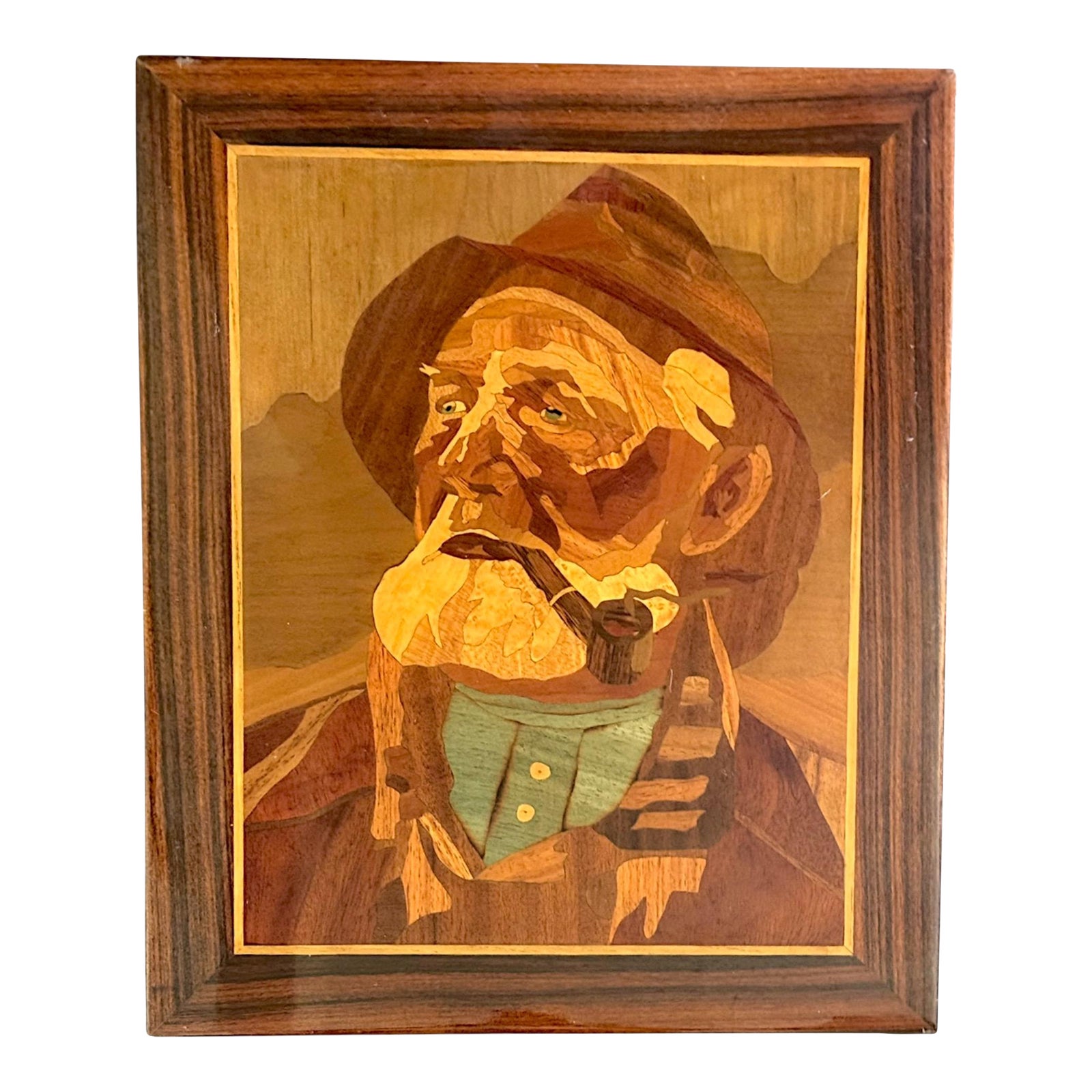 Vintage European Marquetry Wood Inlay Fisherman Portrait After Harry ...