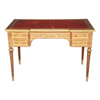 19th C French Louis XVI Style Leather Top and Bronze Ormolu Desk With Pull Panel For Sale