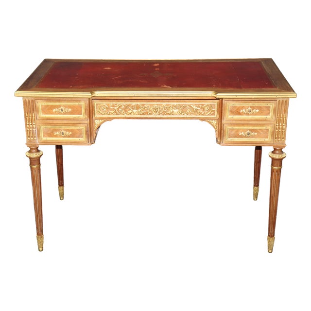 19th C French Louis XVI Style Leather Top and Bronze Ormolu Desk With Pull Panel For Sale