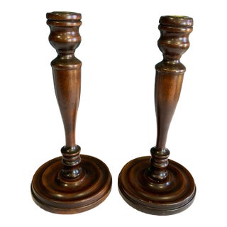 Vintage Wood Candlesticks With Brass Inserts, Set of 2 For Sale