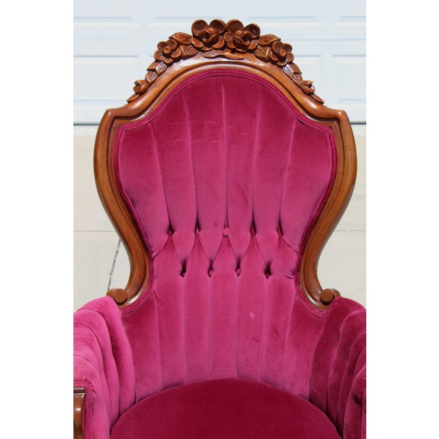 Wood Vintage Victorian Revival Mahogany His & Hers Parlor Chairs Red Velvet Pair For Sale - Image 7 of 18
