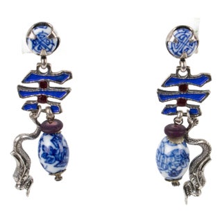 Zoe Coste Silvered Metal and Enamel Dangle Pierced Earrings - 2 Pieces For Sale