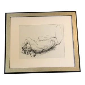 1970’s Vintage Original Male Nude Ink Study Drawing Framed