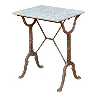 French Bistro Table With Figured White Marble Top and Cast Iron Base For Sale