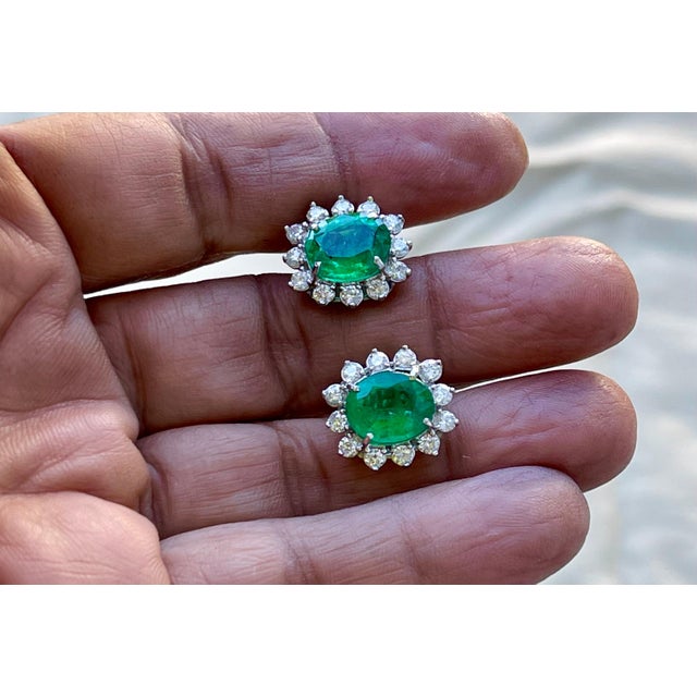 8 Ct Oval Colombian Emerald & 2.5 Ct Diamond Post Back Earrings 18 Kt White Gold For Sale In New York - Image 6 of 18