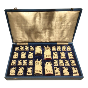Antique Rajasthani Indian Ivory Colored Bone Complete Hand Carved Chess Set