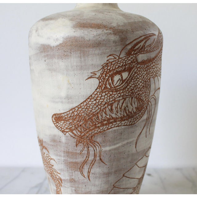 Vintage Studio Pottery Vase Featuring an Incised Dragon Motif For Sale - Image 4 of 10