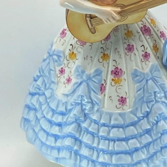Victorian Herend Deryne (Mrs. Dery) Large 14” Porcelain Figure: Woman With Guitar/Mandolin (Blue Gown, Floral Motifs) Ligeti Early Mark, Vintage #5753 For Sale - Image 3 of 18