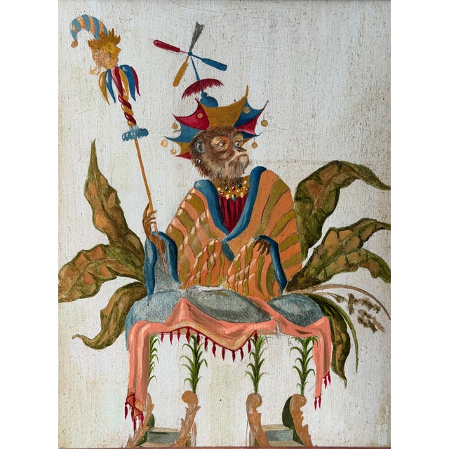 French Chinoiserie Style Singerie Monkey Painting.