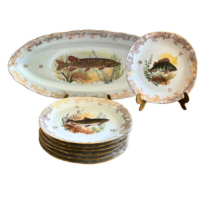 Vintage French Hand-Painted Fish Service from Limoges, 1950, Set of 7 For Sale - Image 11 of 11