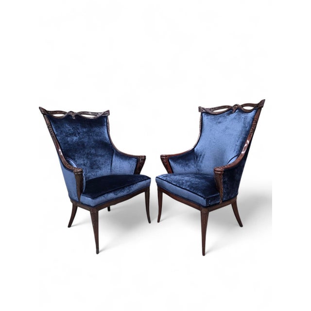 Hollywood Regency Vintage Regency Revival Style Wingback Chairs Attributed to Grossfeld House Newly Reupholstered – Pair For Sale - Image 3 of 11