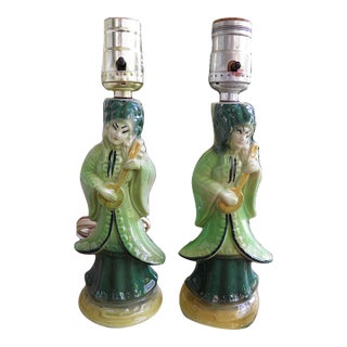 Vintage Shawnee Asian Figural Side Table Boudoir Lamps Ceramic Work - Set of 2 For Sale