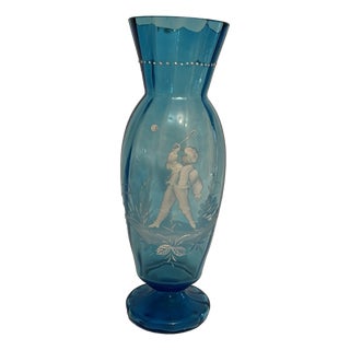 Blue Glass Vase, White Enamel, Child Boy Playing, Mary Gregroy, Hand Painted, Antique Victorian For Sale