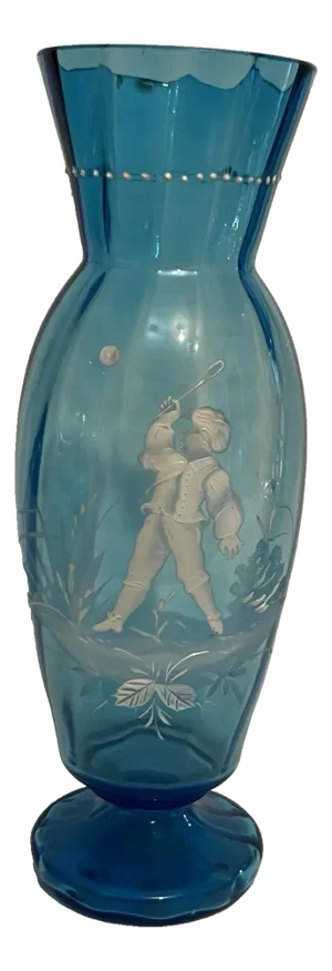 Blue Glass Vase, White Enamel, Child Boy Playing, Mary Gregroy, Hand Painted, Antique Victorian