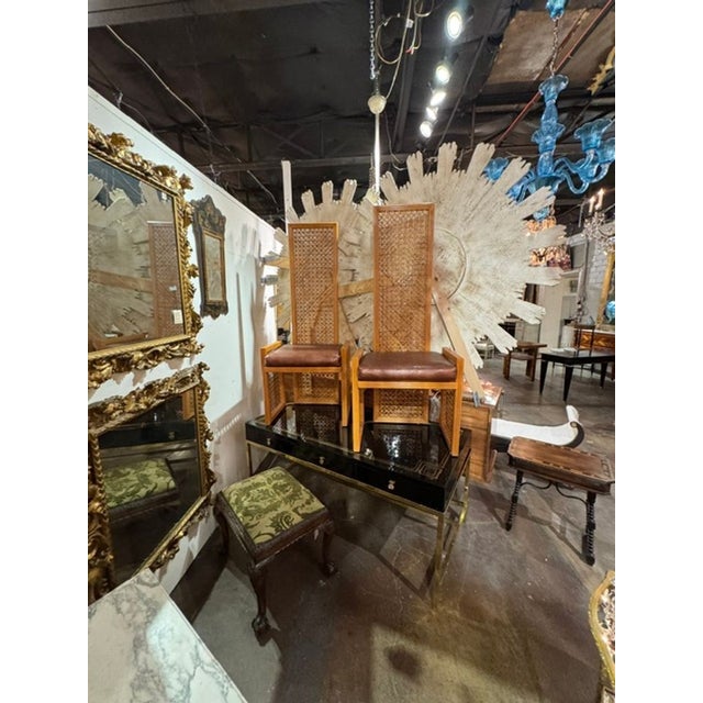Tan Pair of MCM Designer High Back Rattan Hall Chairs For Sale - Image 8 of 8