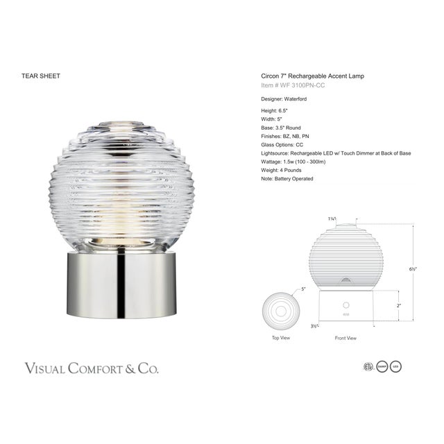 Waterford by Visual Comfort Signature Circon 7" Rechargeable Accent Lamp in Polished Nickel with Clear Crystal Designer:...