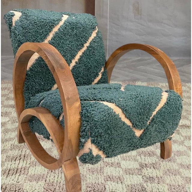 Mid-Century Modern Handmade Wool Chair,Cozy Boho Accent Chair With Natural Wood Frame, Handmade Wood Chair,The Deep Teal Wool With Ivory Geometric Lines. For Sale - Image 3 of 10