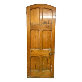 Victorian Gothic Revival Arched Pitch Pine 6-Panel Door with Carved Handles, 19th Century For Sale