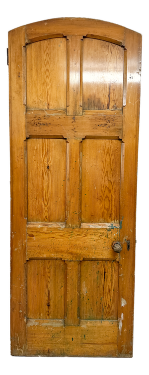 Victorian Gothic Revival Arched Pitch Pine 6-Panel Door with Carved Handles, 19th Century