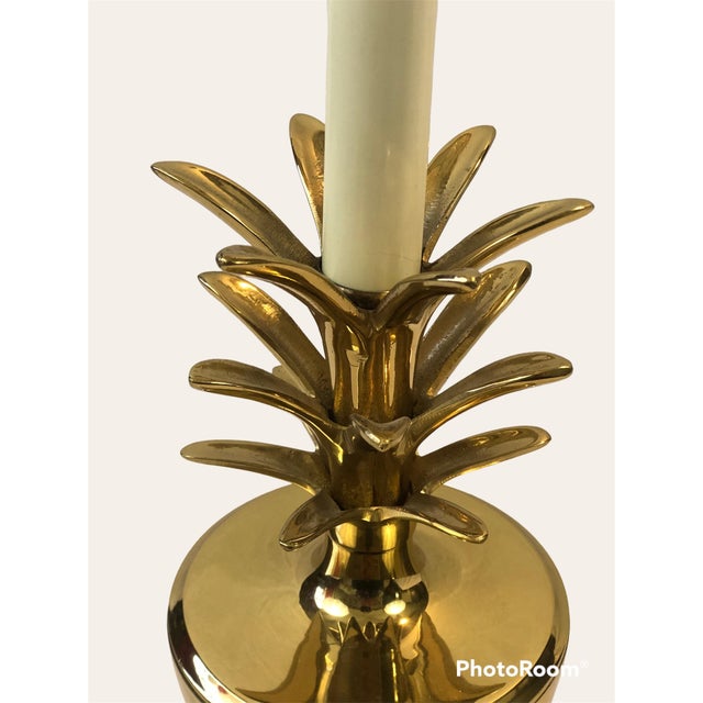 Gold Vintage Polished Brass Pineapple Lamp With White Metal Shade For Sale - Image 8 of 10