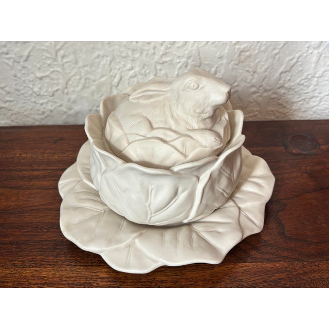 White Late 20th Century White Bisque Porcelain Rabbit Cabbage Tureen on Plate Attributed to Bordallo Pinheiro For Sale - Image 8 of 10