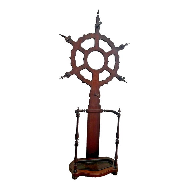 1900s Victorian Hall Tree Umbrella Stand Starburst Shape Round Mirror Iron Drip Pan For Sale