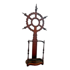 1900s Victorian Hall Tree Umbrella Stand Starburst Shape Round Mirror Iron Drip Pan