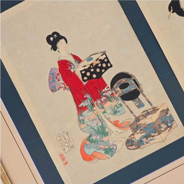 Toyohara Yōshū Chikanobu, Kimono Changing CeremonyTriptych, 1895, Glass, Wood and Paper For Sale - Image 15 of 18